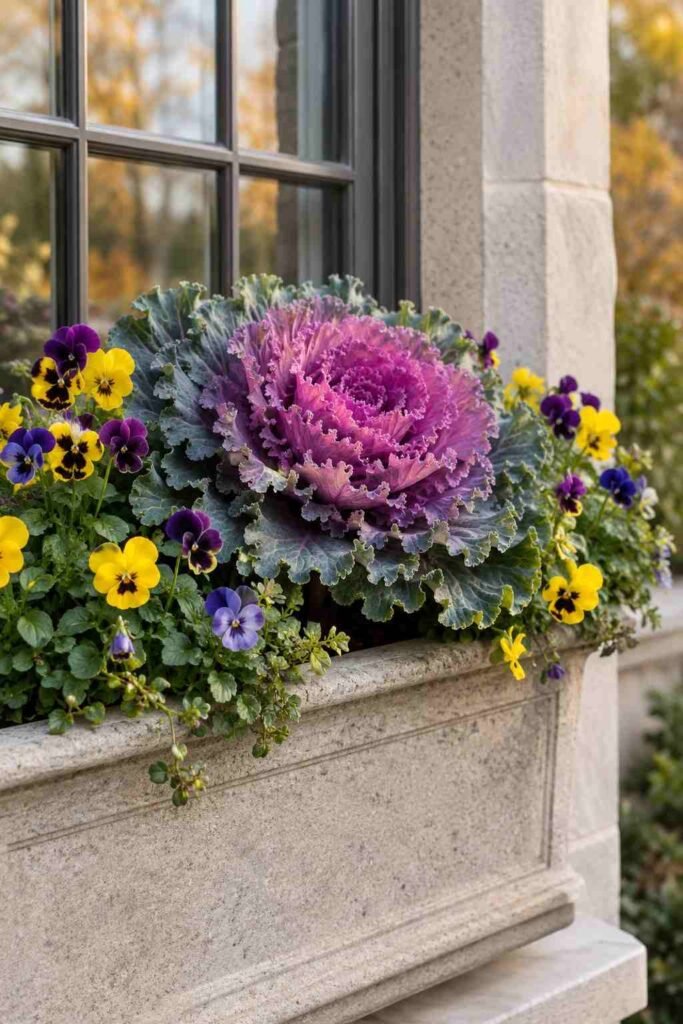 25 stylish Autumn Window Boxes: pansies, violas, heuchera to Make Your Home Glow 6 Ornamental kale with pink center and pansies in an autumn window box
