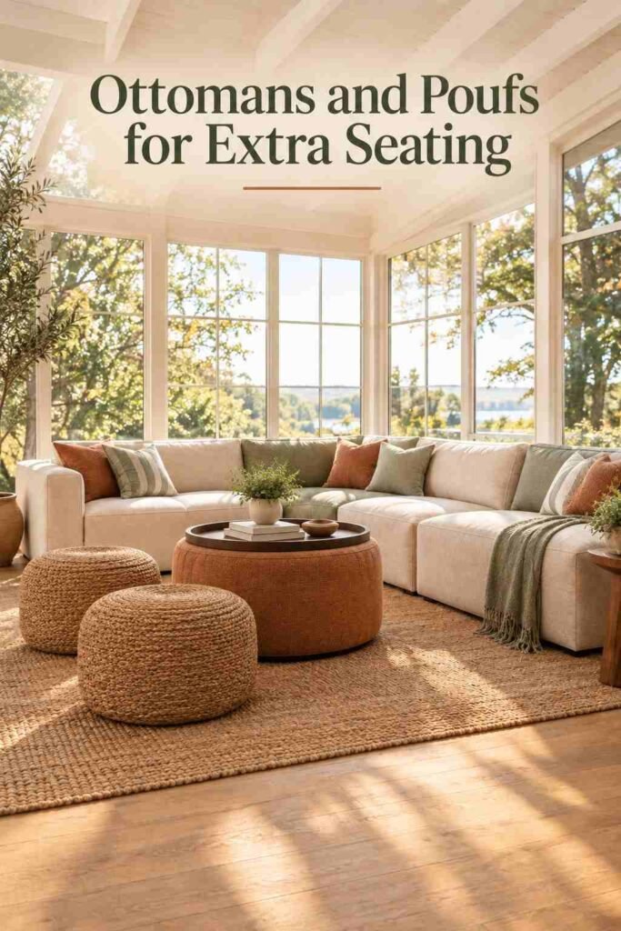 Woven poufs and a tray-top ottoman clustered near a sunroom window seat, styled with a stack of books.