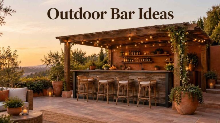 Wood and stone outdoor bar under a pergola with string lights in a backyard entertaining area.