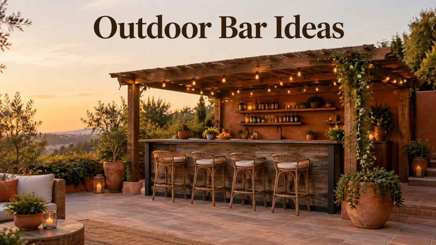 Wood and stone outdoor bar under a pergola with string lights in a backyard entertaining area.