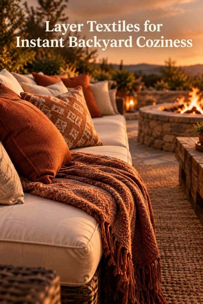 Cozy Outdoor Backyard Ideas to Transform Your Outdoor Space 3 Close-up of terracotta and cream outdoor cushions layered with a woven throw blanket on a patio sofa.