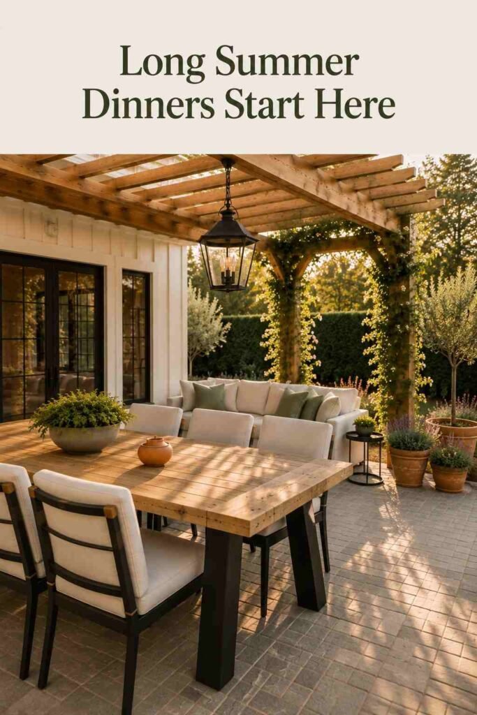 Long oak dining table with cream cushioned chairs under cedar pergola beams and a black iron lantern, with dappled morning light on the tabletop.