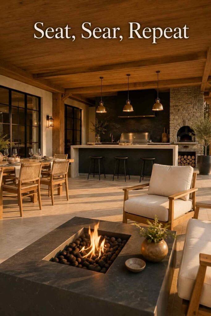 Luxury Outdoor Kitchen Ideas That Turn Your Backyard Into a Private Retreat 3 Low view from a fire table across a covered terrace toward a stone kitchen island with black bar stools and glass doors.