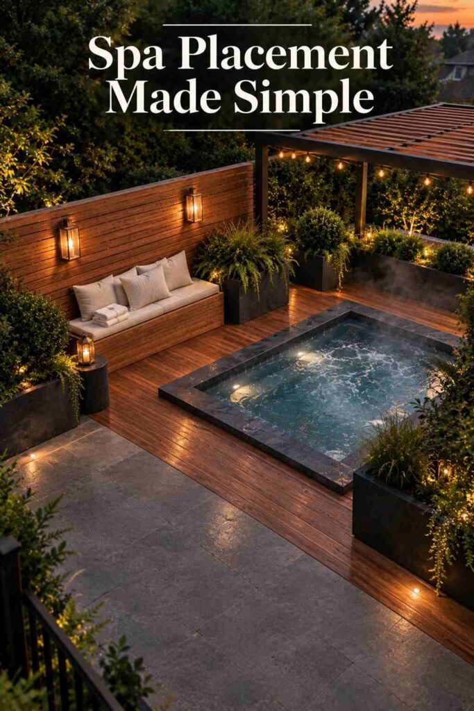 Aerial view of a backyard spa terrace with cedar decking, limestone pavers, bench, planters, and pergola at dusk.