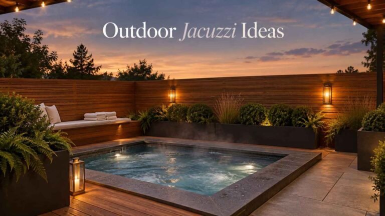 Outdoor jacuzzi set flush into a cedar deck at dusk, with a slatted cedar screen, brass lanterns, and steaming water.