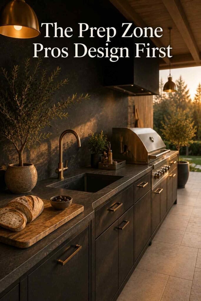 Luxury Outdoor Kitchen Ideas That Turn Your Backyard Into a Private Retreat 4 Charcoal stone prep counter with an undermount sink, brass faucet and a wooden board holding sliced bread and olives.