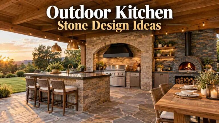 Covered backyard terrace with an L-shaped stone outdoor kitchen, arched grill alcove, ledgestone island, and pizza oven wall at golden hour.