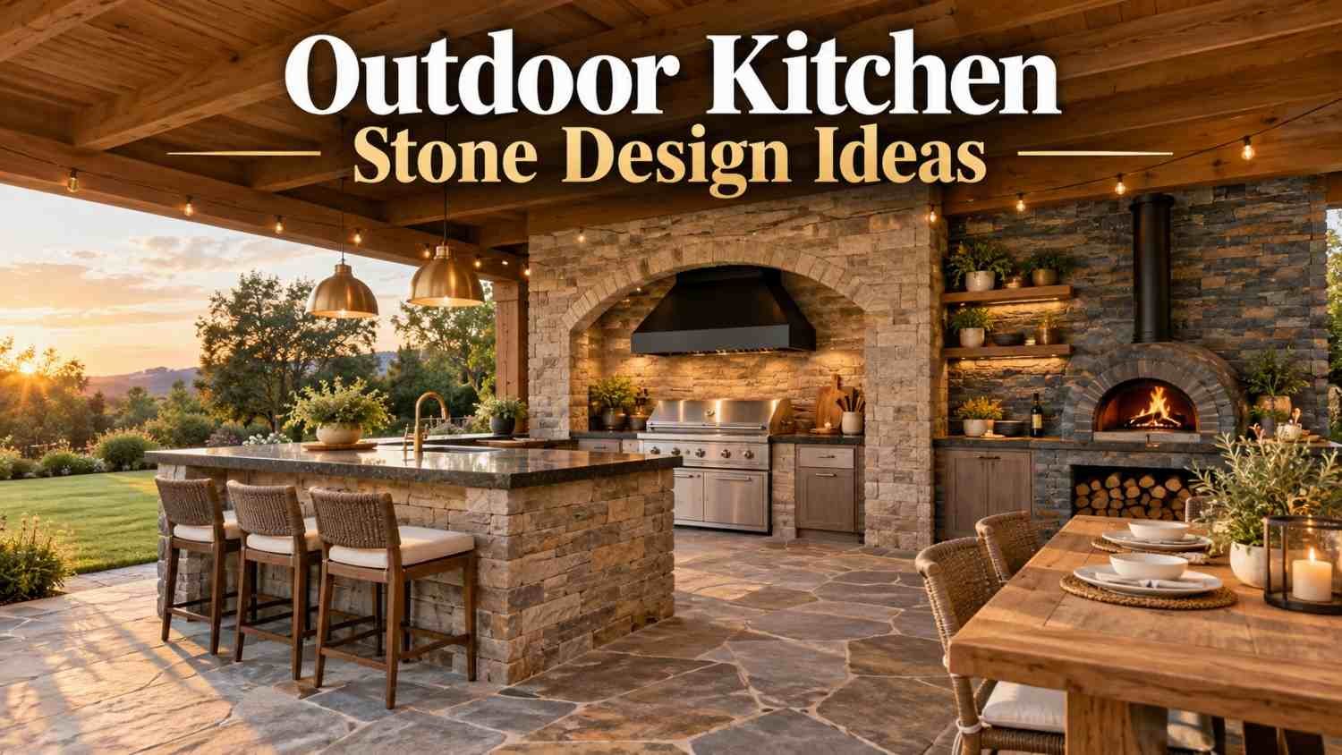 Covered backyard terrace with an L-shaped stone outdoor kitchen, arched grill alcove, ledgestone island, and pizza oven wall at golden hour.