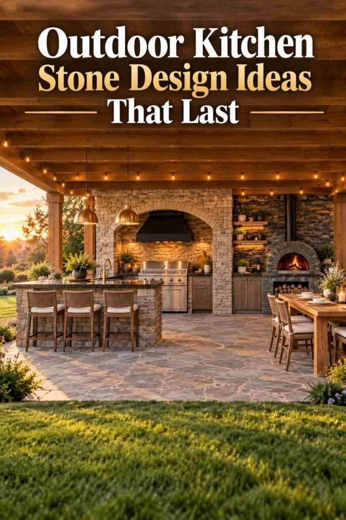 Symmetrical view of a lit stone outdoor kitchen terrace with a centered arched grill alcove framed by cedar beams at golden hour.