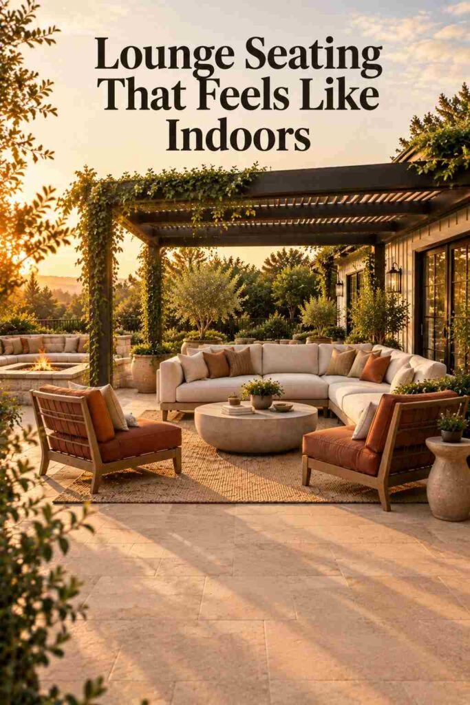 Backyard Patio Designs to Transform Your Outdoor Space in 2026 12 Cream boucle L-shaped outdoor sofa and round concrete coffee table on a natural stone patio, styled as an outdoor living room.