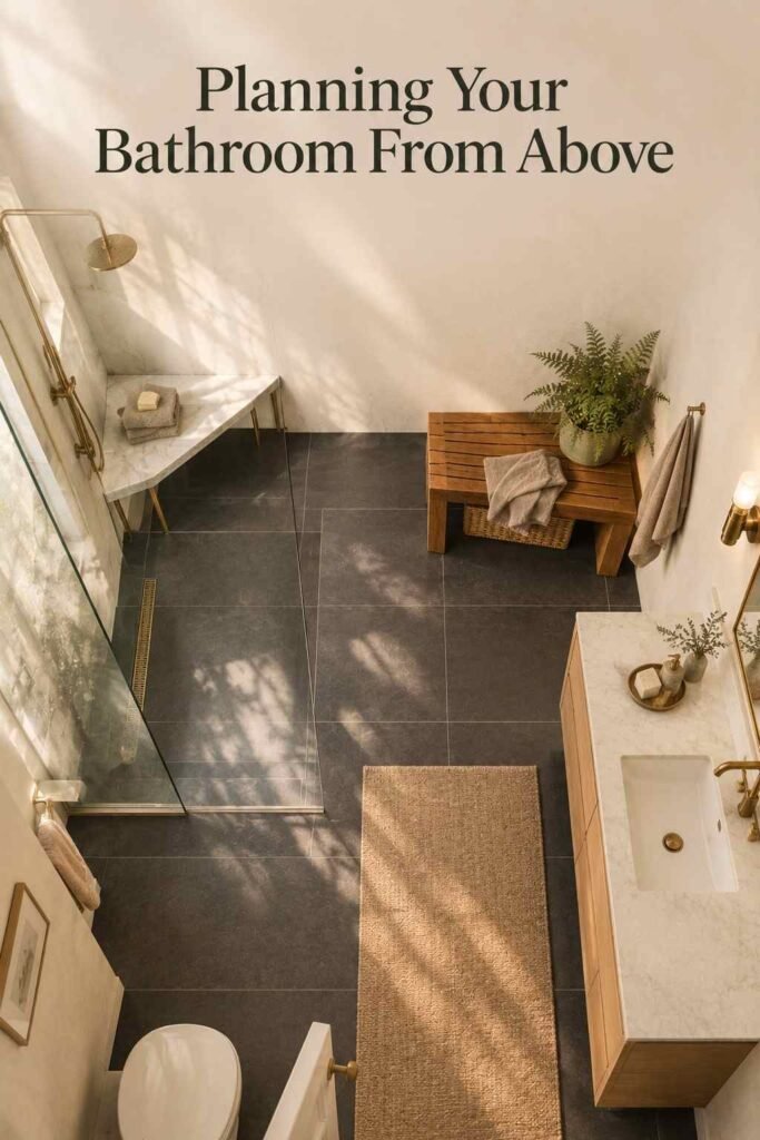 Overhead top-down view of a bathroom layout showing a marble shower bench, teak stool bench, and vanity placement.