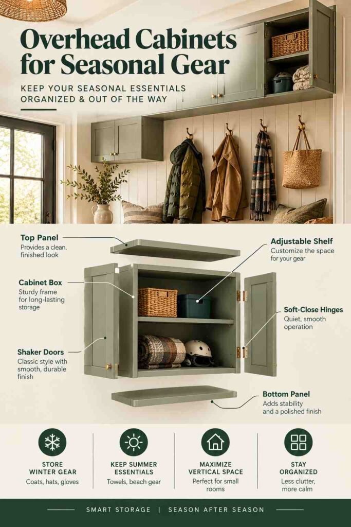Mudroom Ideas to Transform Your Entryway Into an Organized Family Hub 8 Overhead cabinets for seasonal gear in a rustic-modern mudroom, with an exploded view showing cabinet panels, shelves, doors, and hinges for organized storage.