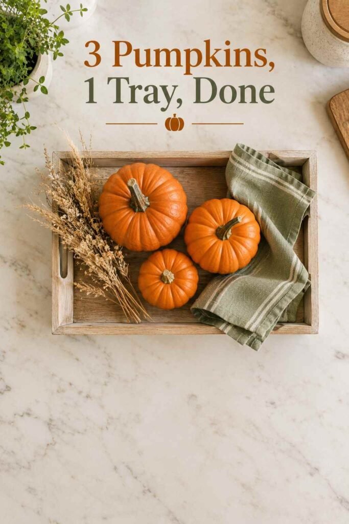 Overhead view of a wood tray with three mini pumpkins, dried wheat, and a folded napkin on a marble counter.