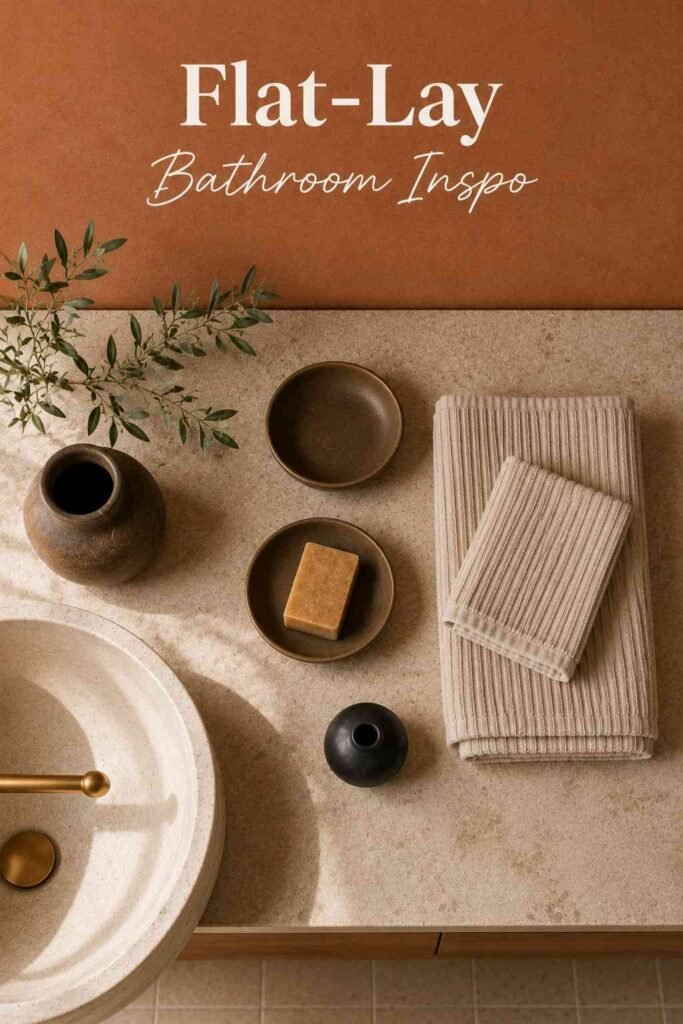 Aesthetic Bathroom Inspo Ideas to Transform Your Space in 2026 6 Overhead flat-lay of folded cream towels, ceramic dishes, and a black candle holder on a travertine counter.