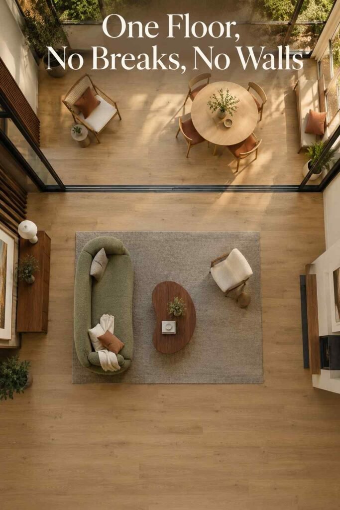 Overhead view of a living room and sunroom showing continuous wide-plank flooring across the connecting threshold.