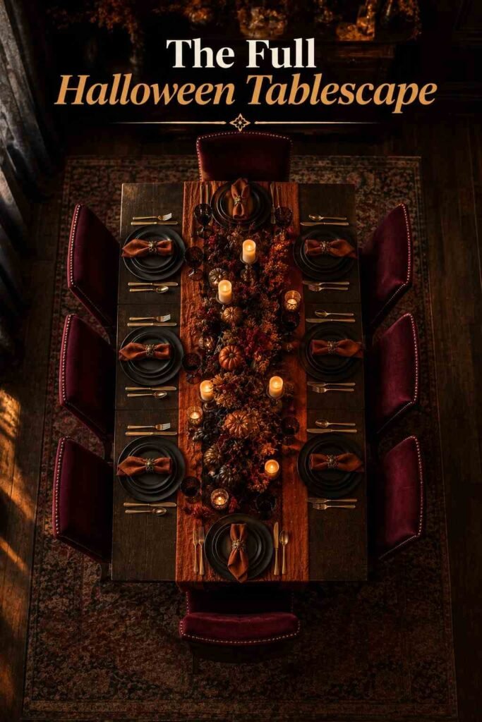 Overhead view of a fully set Halloween dining table showing runners, plates, and a centered pumpkin cluster.