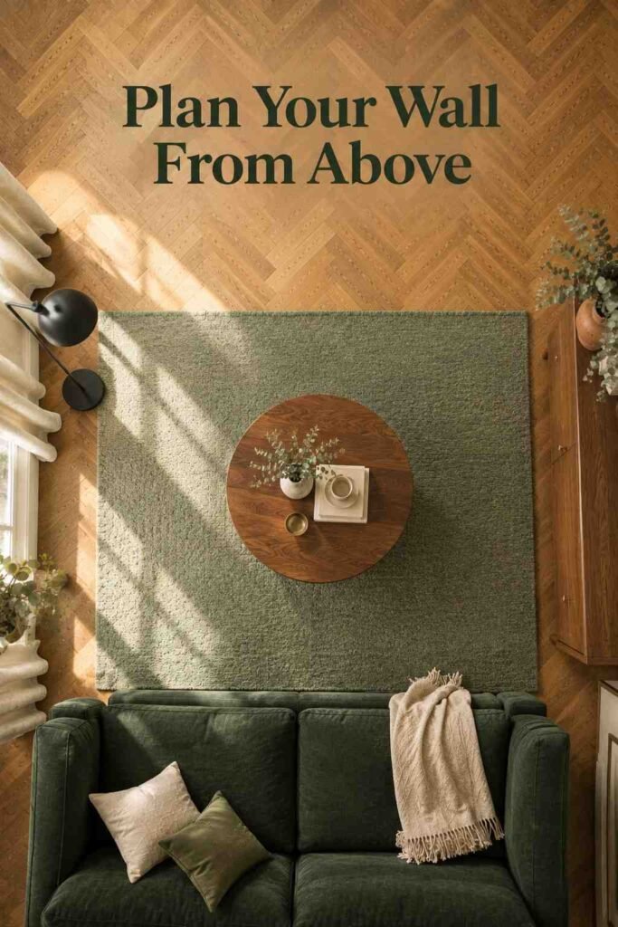 Overhead view of a living room with a round coffee table on a sage rug, a green sofa, and a herringbone floor.