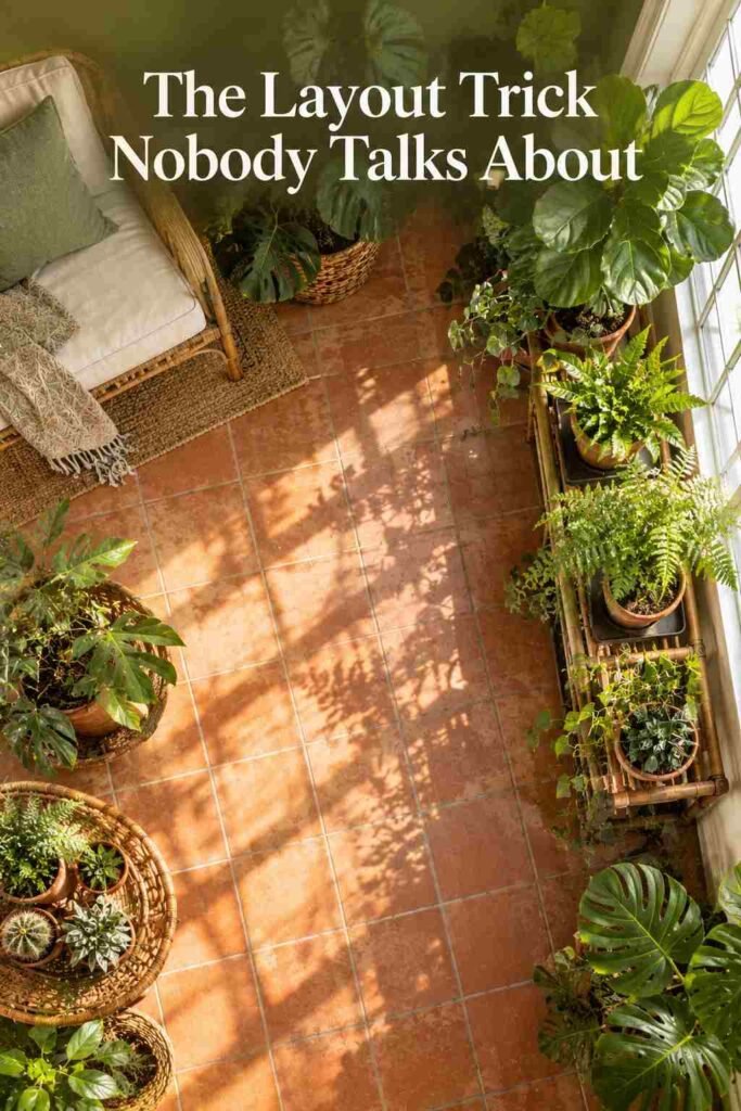 Overhead view of a tiled plant room floor showing potted plant arrangement and drainage trays