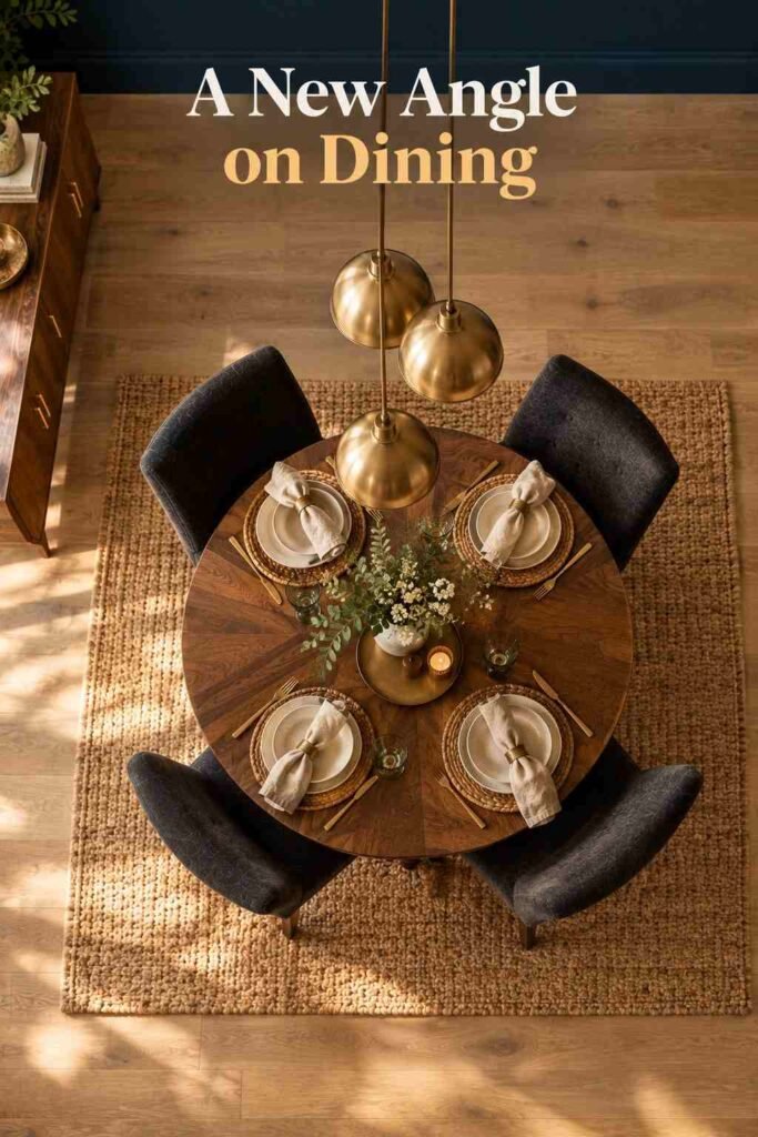 Dining Room Accent Wall Ideas That Will Transform Your Space in 2026 10 Overhead view of a round dining table and rug with a navy accent wall visible at the edge of frame.