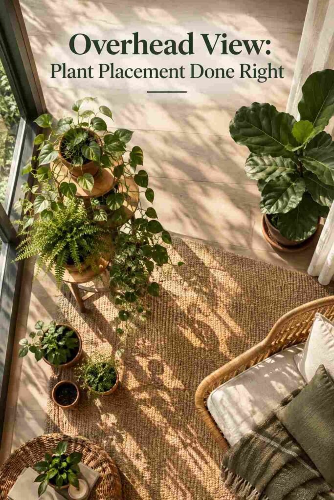 Overhead view of a sunroom floor showing a tiered plant stand, terracotta pots, and rattan chair with strong shadows.