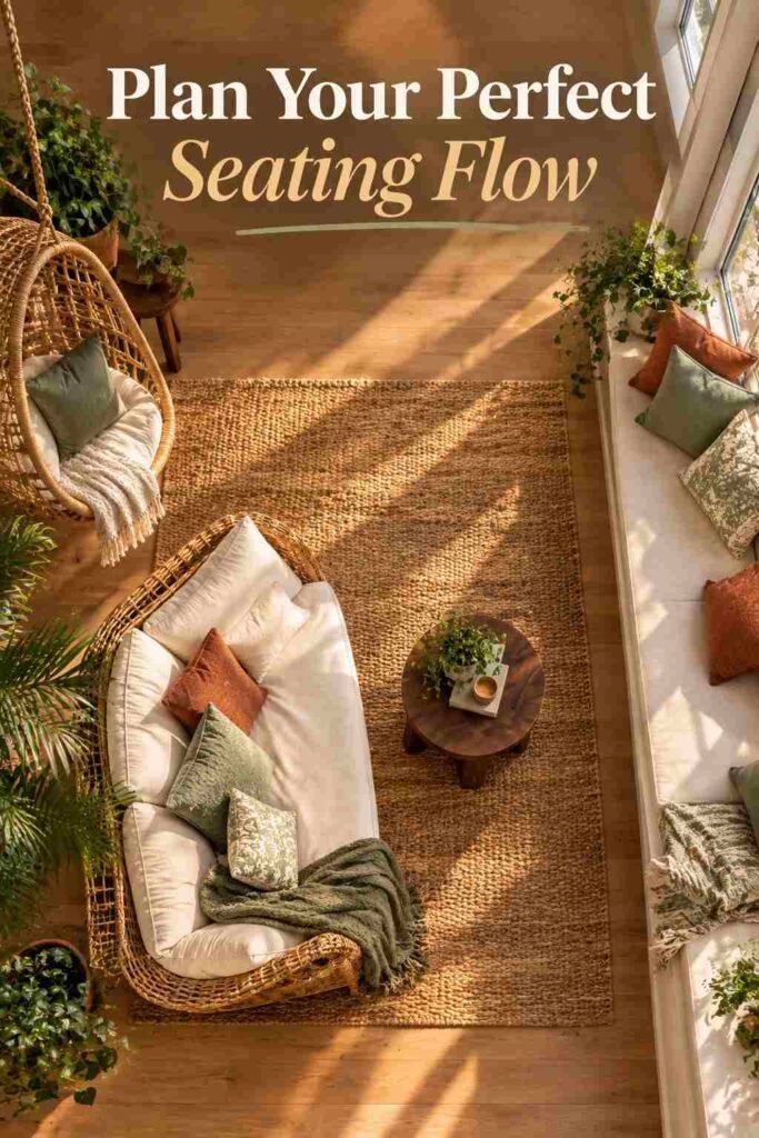 Overhead view of a sunroom seating layout showing a jute rug, wicker loveseat, and window seat bench.