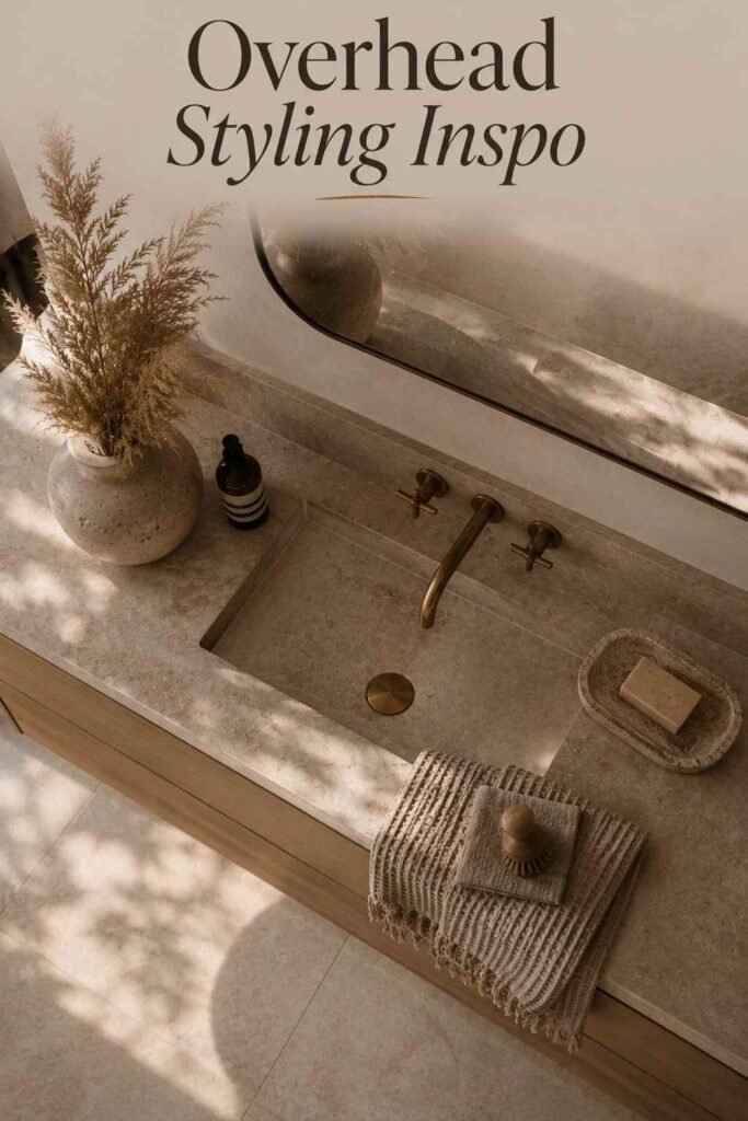 Overhead view of a stone vanity styled with a ceramic vase, folded linen towels, and a small woven bath tray.