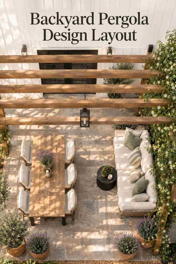 Top-down view of a cedar pergola patio showing slatted rafters, a long dining table with six chairs, a cream sofa, and planters on grey pavers.