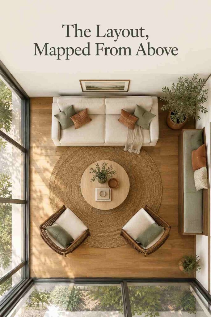 Overhead top-down view of a square sunroom showing a centered round rug, coffee table, and symmetrical furniture layout.