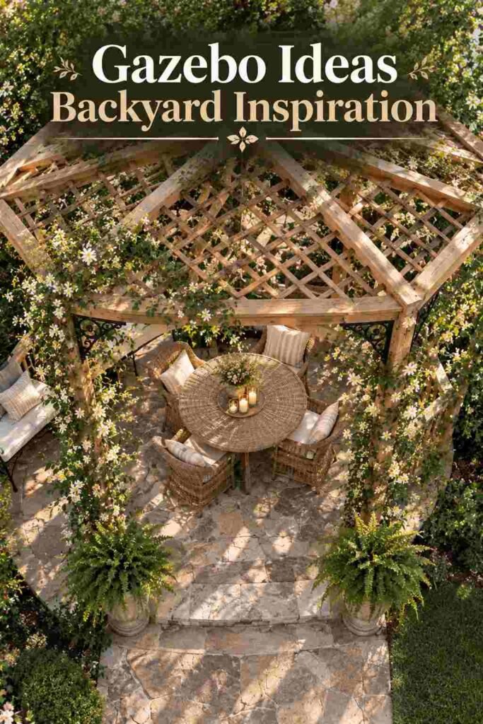 Overhead view looking down through a lattice gazebo roof onto a wicker dining set on a stone patio.