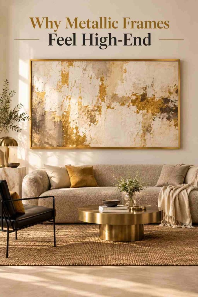 Luxury Wall Art Living Room Ideas to Transform Your Space in 2026 2 Close-up of an oversized abstract canvas in a brushed gold frame above a sofa.
