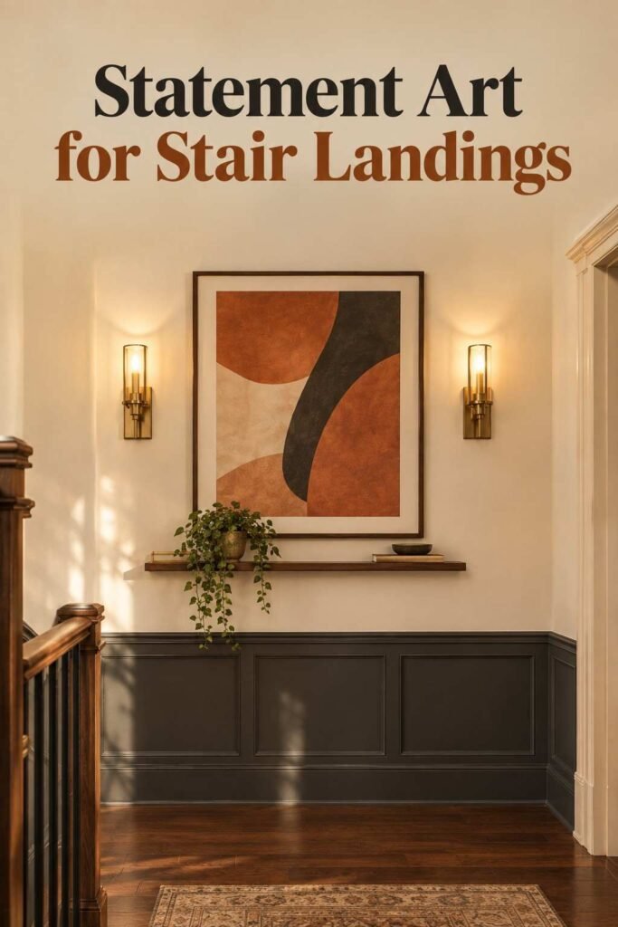 Wall-Going-Downstairs Ideas to Turn Your Staircase Into a Showpiece 6 Large abstract print in terracotta and charcoal centered on a stair landing wall between two brass sconces, above a narrow ledge.