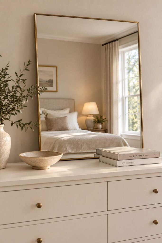 Mirror Table Decor Bedroom: 26 Stylish Ideas for Nightstands, Dressers & Vanities 8 Oversized mirror resting on a dresser with low decor in front