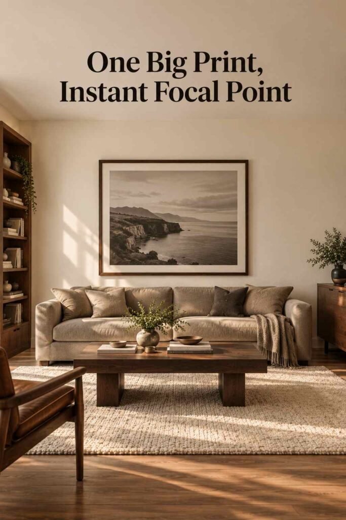 Living room with a single large black-and-white framed photo print centered above a taupe sofa.