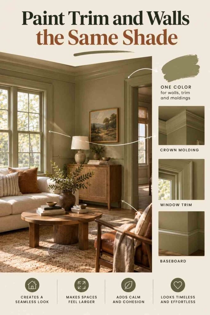 Living room with walls, trim, molding, and window casings painted the same warm neutral shade.