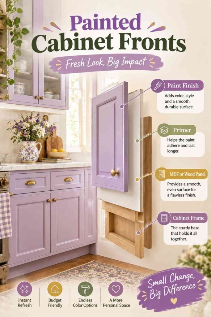 Painted lavender cabinet fronts in a whimsical kitchen shown in an exploded view with cabinet layers and brass hardware.