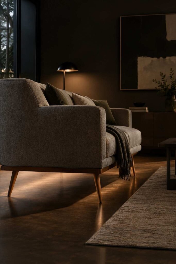 25 Dark Living Room Ideas to Brighten Your Home Without a Renovation 16 Cream and oatmeal cushions styled on a dark charcoal sofa