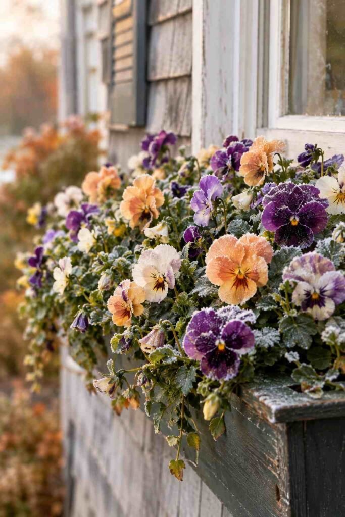 25 stylish Autumn Window Boxes: pansies, violas, heuchera to Make Your Home Glow 5 Frost-dusted pansies and violas in a cool-season window box
