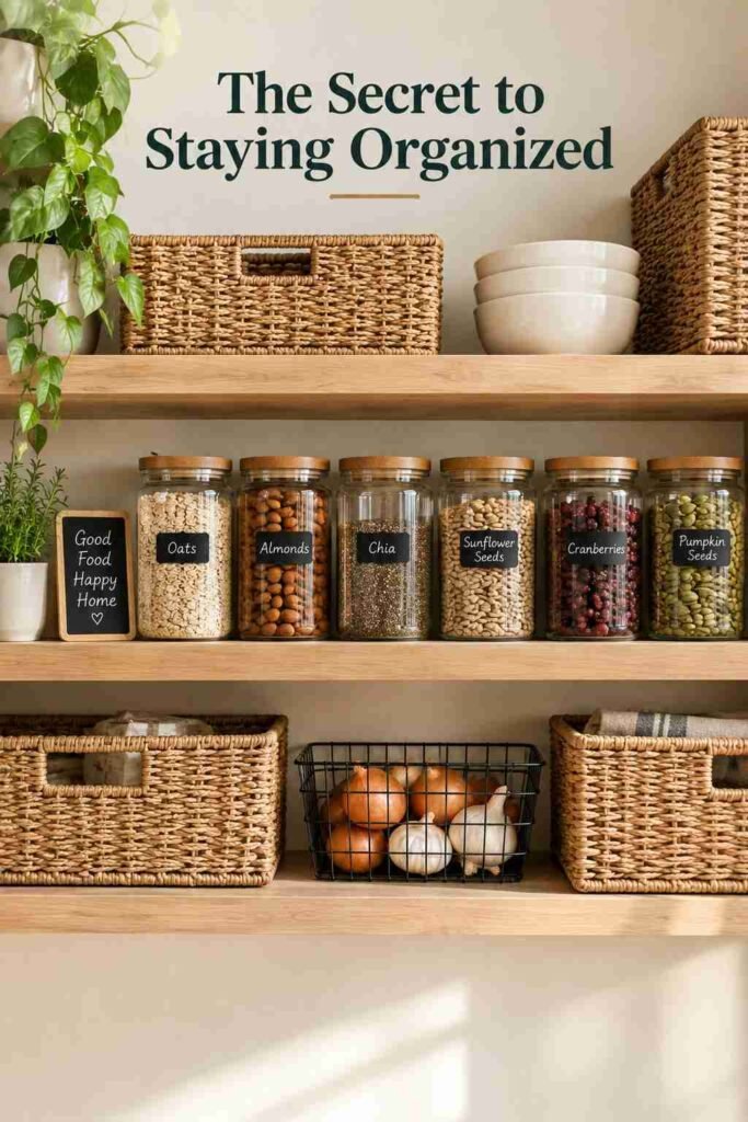 16 Smart DIY Organization Tips to Transform Every Room in Your Home 9 Eye-level view of labeled jars with a small chalkboard tag on a pantry shelf.