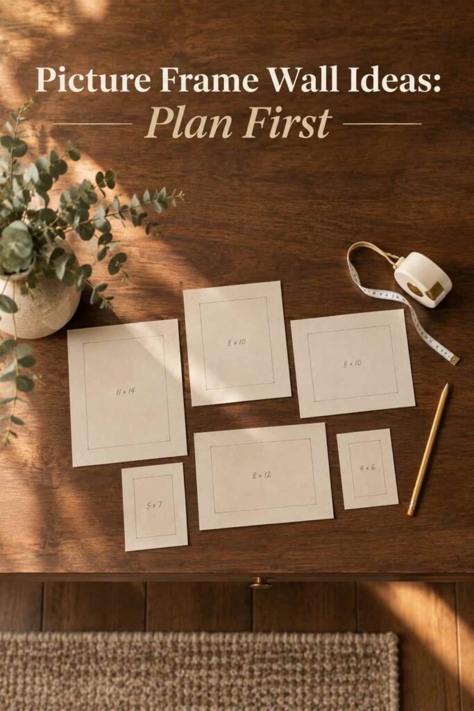 Picture Frame Wall Ideas to Turn Blank Walls Into Personal Stories 2 Overhead view of paper frame templates, a tape measure, a pencil, and a eucalyptus vase on a walnut console.
