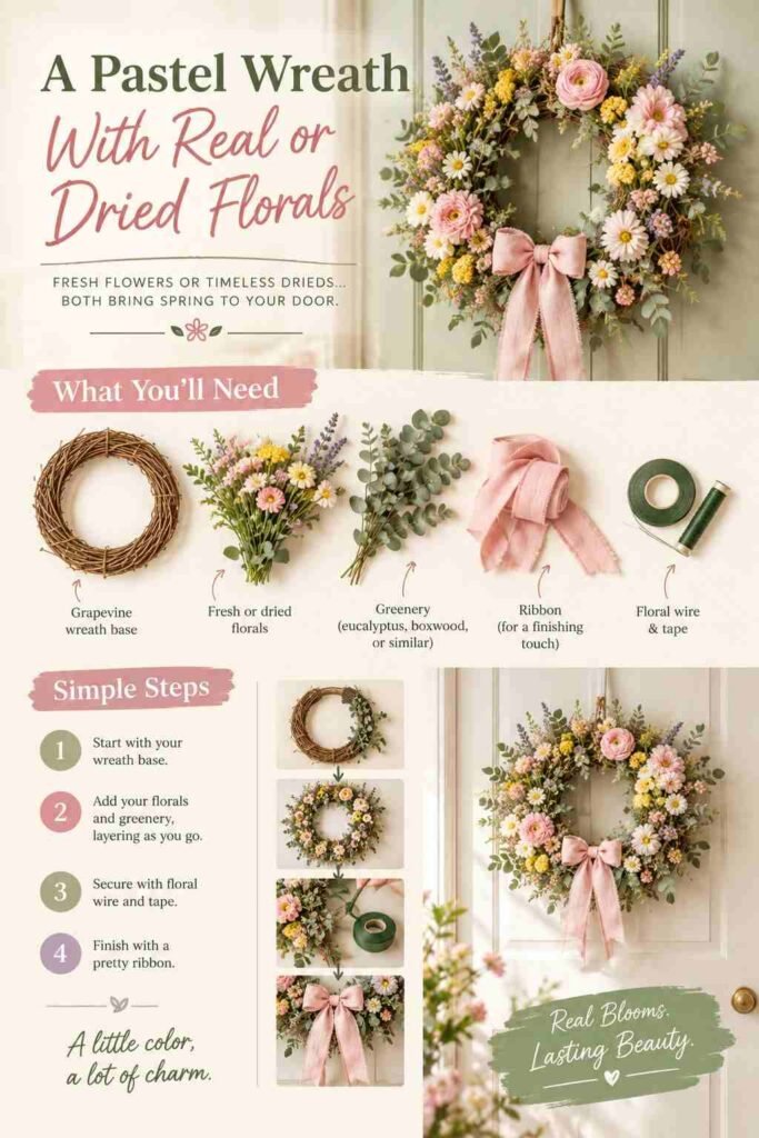 Fresh & Chic Easter Home Decor Ideas to Brighten Every Room This Spring 3 Pastel Easter wreath made with real or dried florals, eucalyptus greenery, and a soft pink ribbon on a spring-inspired front door.