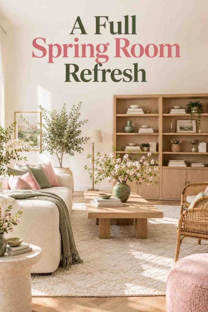 Spring Home Decor Ideas to Refresh Every Room in 2026 10 Spring-styled living room viewed from the window side, showing a light wood shelving unit and cream rug.