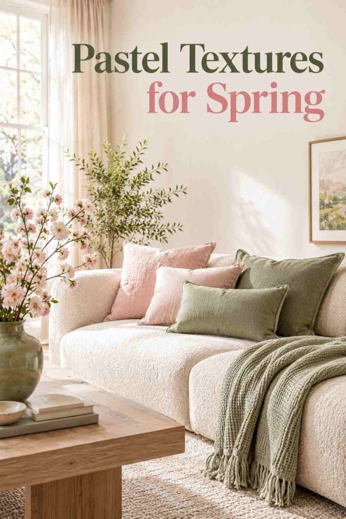 Spring Home Decor Ideas to Refresh Every Room in 2026 6 Close-up of blush pink and sage green linen throw pillows layered on a cream boucle sofa.