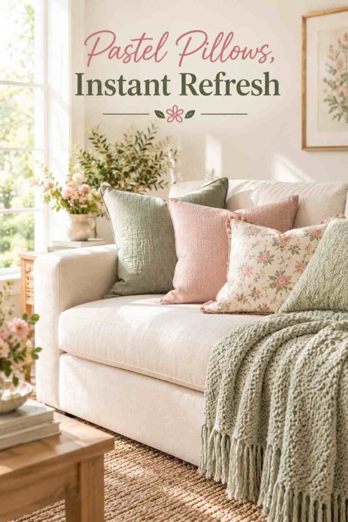 Fresh & Chic Easter Home Decor Ideas to Brighten Every Room This Spring 5 Cream linen sofa styled with pastel textured throw pillows and a chunky knit throw blanket.