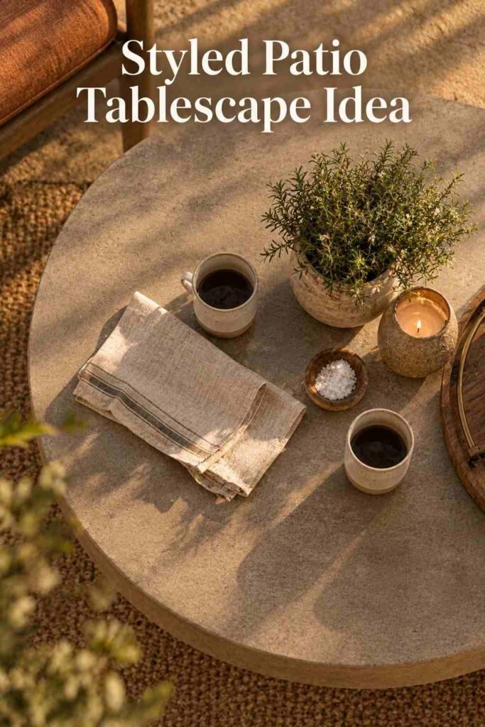 Backyard Patio Designs to Transform Your Outdoor Space in 2026 13 Overhead close-up of a concrete patio coffee table styled with ceramic cups, a linen napkin, and a small potted herb.