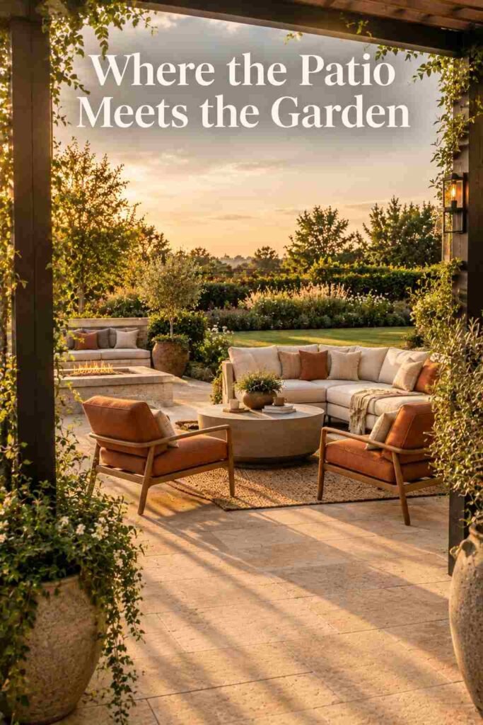 Backyard Patio Designs to Transform Your Outdoor Space in 2026 16 View through two pergola posts across a patio seating area toward an open lawn and garden bed beyond.