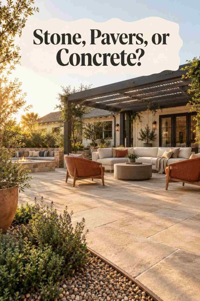 Backyard Patio Designs to Transform Your Outdoor Space in 2026 3 Close view of large-format stone pavers meeting a gravel border and planting bed on a backyard patio.