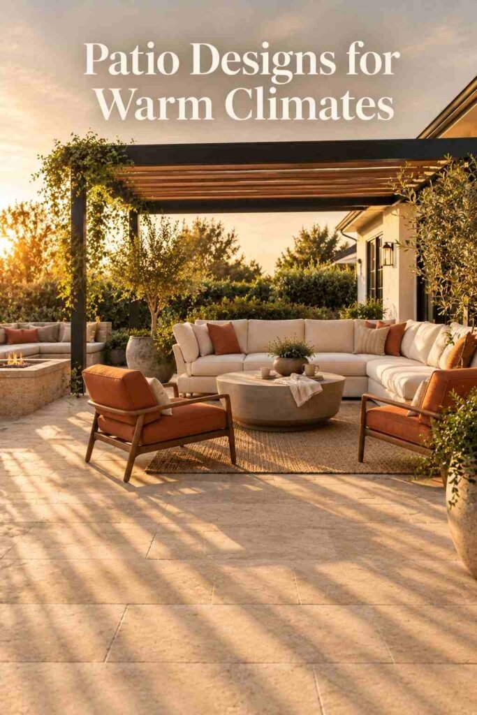 Backyard Patio Designs to Transform Your Outdoor Space in 2026 15 Striped pergola shadows falling across a stone patio floor and coffee table at golden hour, with a styled ceramic cup nearby.