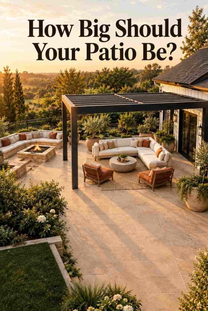Backyard Patio Designs to Transform Your Outdoor Space in 2026 2 Elevated view of a full backyard patio layout showing seating, pergola coverage, and stone paver flooring from house to yard edge.