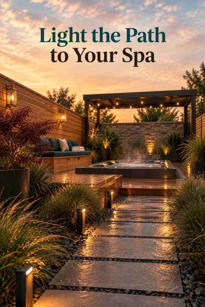 Slate paver path with low lights leading toward a softly glowing, steaming jacuzzi under a pergola at dusk.