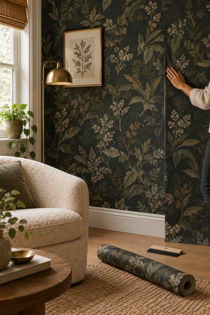 Dark botanical peel-and-stick wallpaper on an apartment living room wall.
